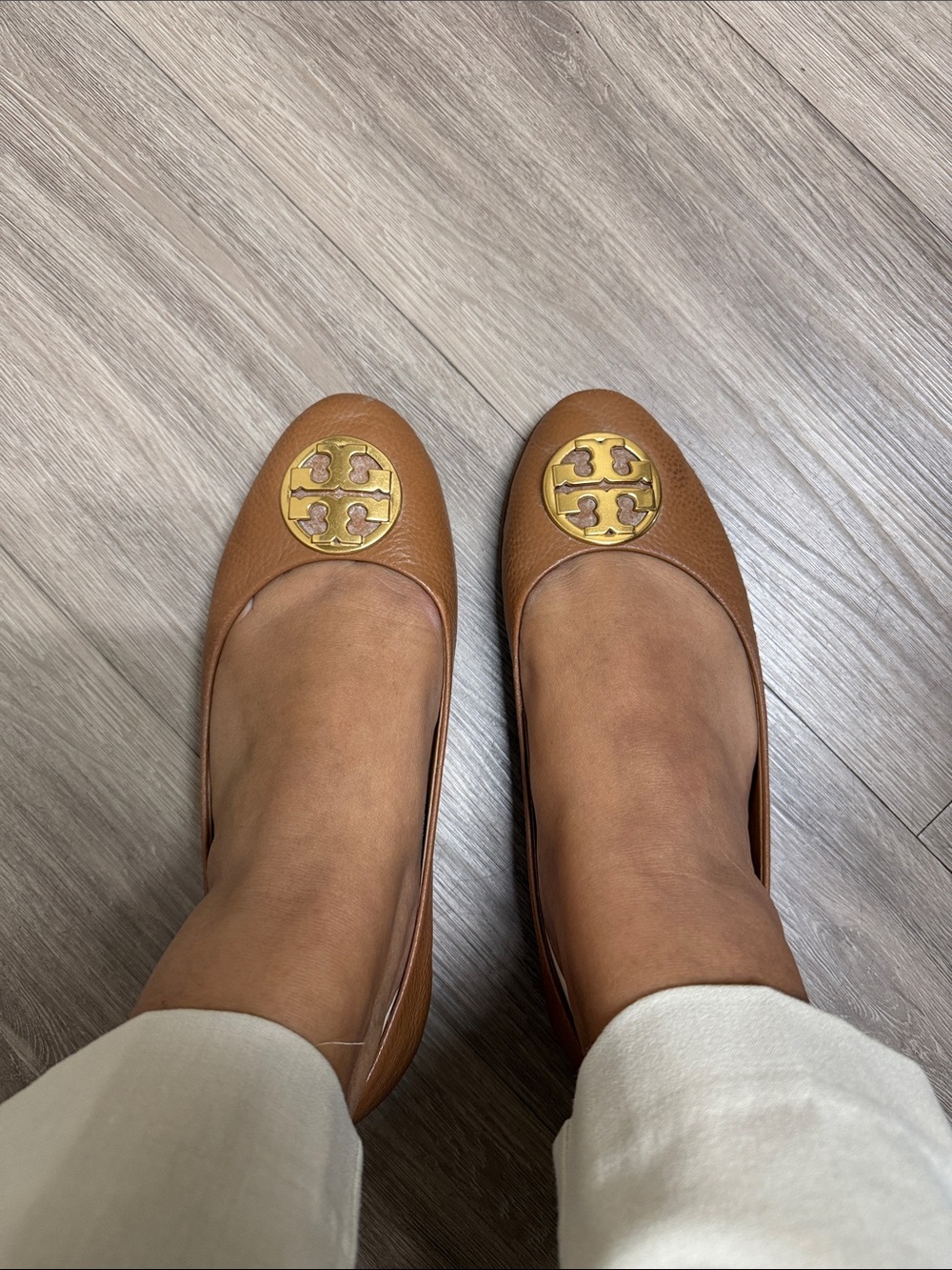 Tory Burch Cognac Leather Logo Ballet Flats with Gold Emblem